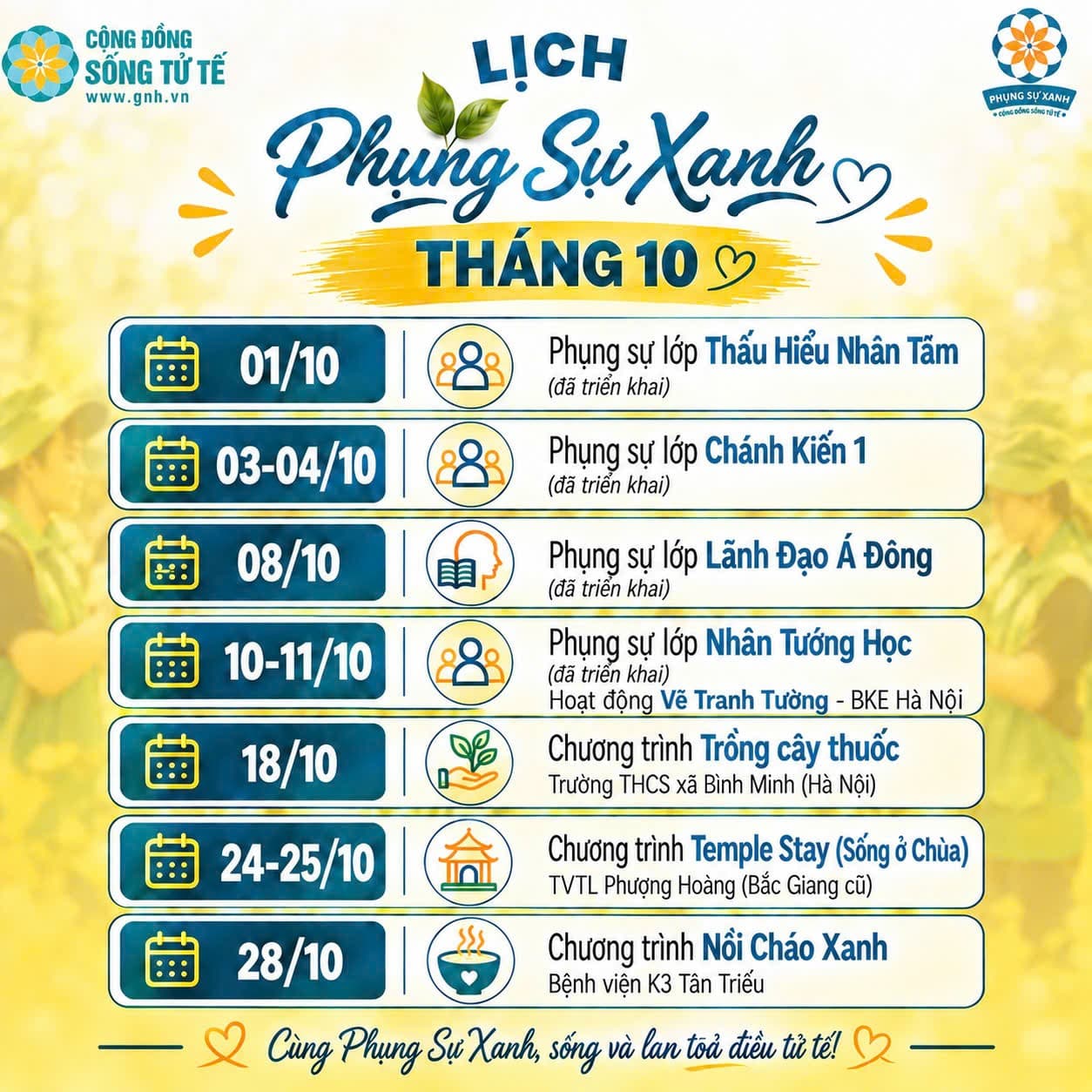 💚 LỜI TRI ÂN THÁNG 9 TỪ PHỤNG SỰ XANH và LỊCH HOẠT ĐỘNG THÁNG 10